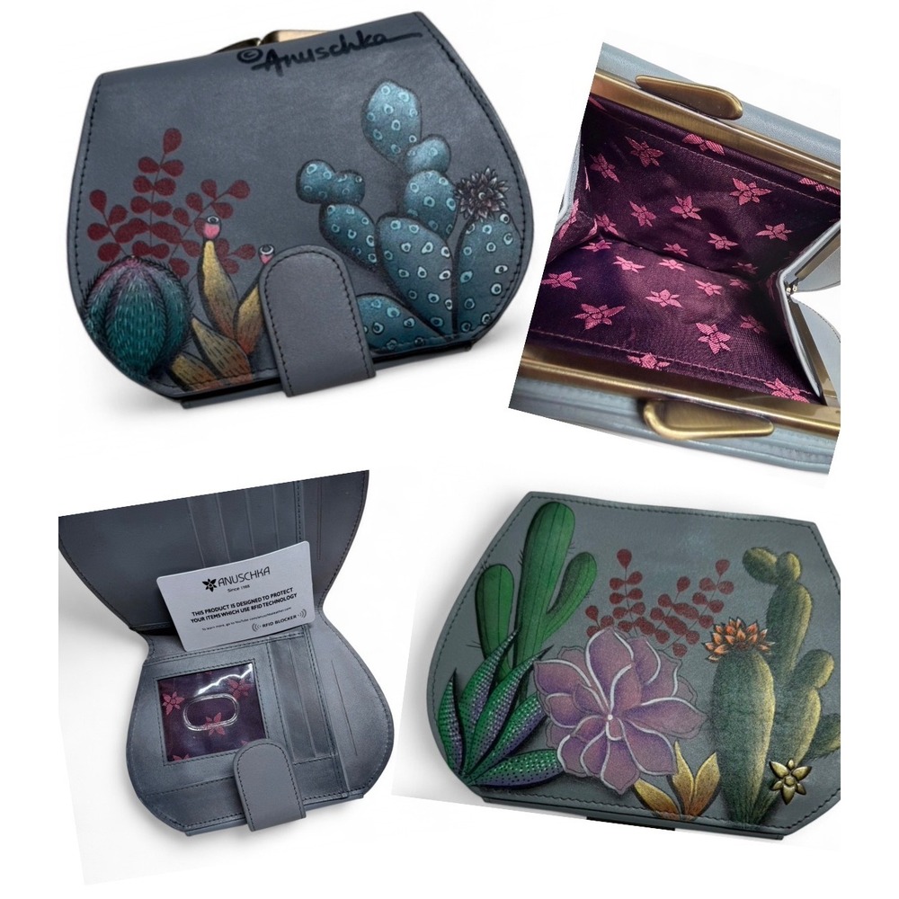 Anuschka Wallet Coin Gray Hand Painted Cactus Succulent RFID Leather Boho